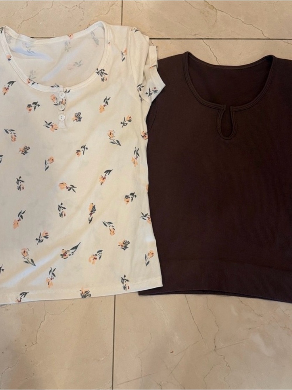 Kids Short Sleeve Floral Tee and Solid Top - White Floral & Dark Brown